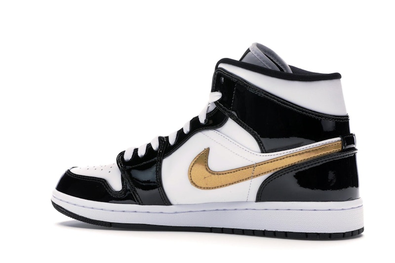 Jordan 1 Mid Patent Black White Gold