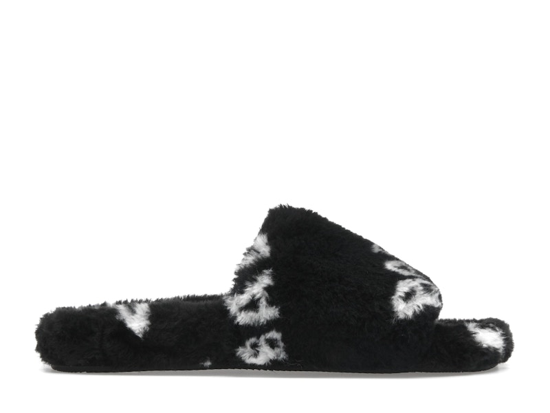 Balenciaga Furry Slide Fake Fur Logo Allover Black White Men's
