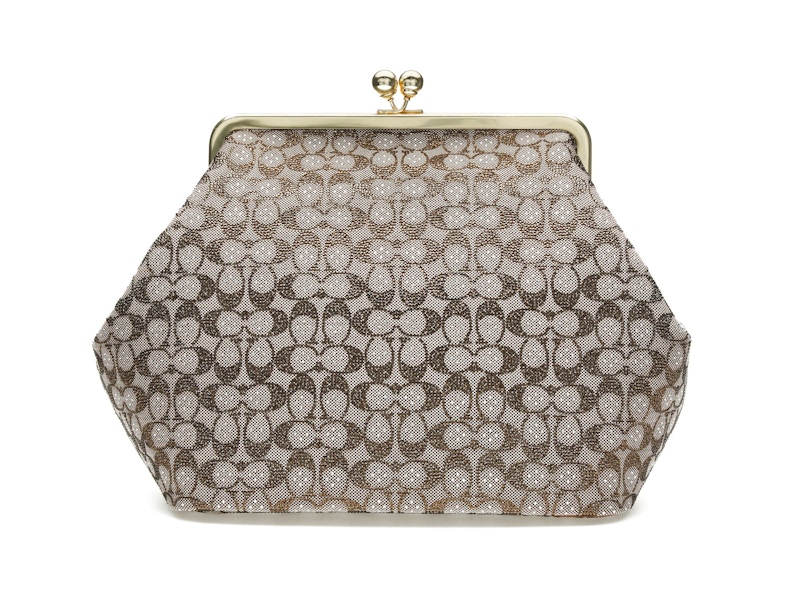 Coach Large Kisslock Crystal Signature Jacquard Frame Bag Brass