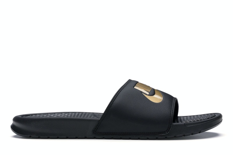Nike benassi slides black gold on sale