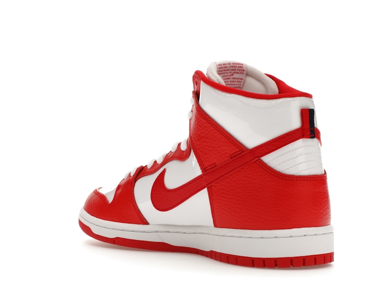 Red and white dunk high clearance