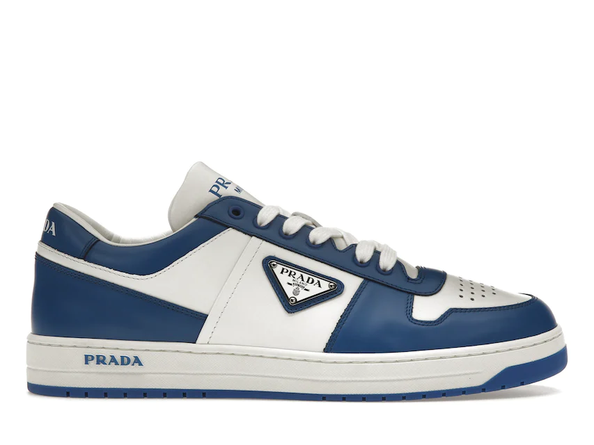 Prada Downtown Low Top Sneakers Leather White Cobalt Blue 0