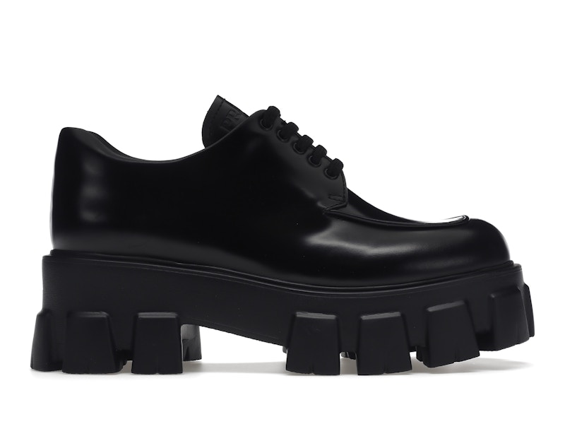 Prada Monolith 55mm Lace Up Loafer Black Brushed Leather