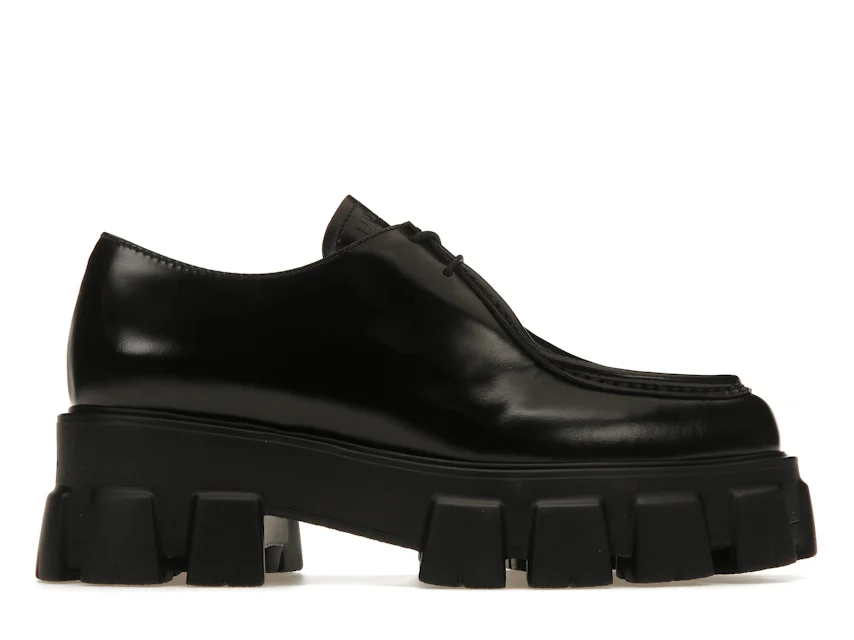 Prada Monolith 55mm Pointy Lace Up Loafer Black Brushed Leather ...