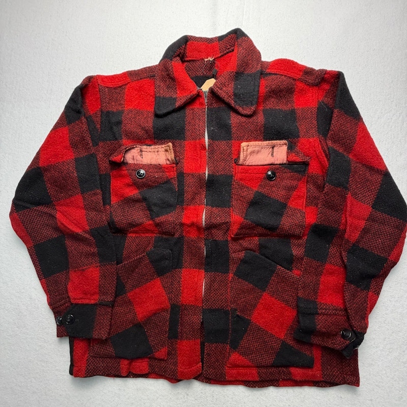 Red and Black Plaid Wool Zip-Up Jacket
