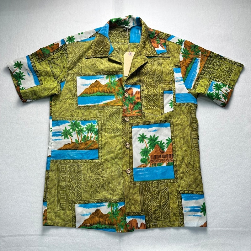 Island Landscape Tropical Print Short Sleeve Hawaiian Shirt Olive Green