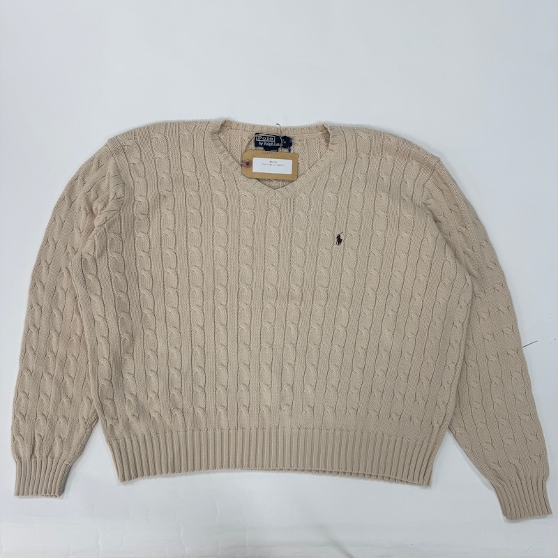 Cable Knit V-Neck Sweater Beige