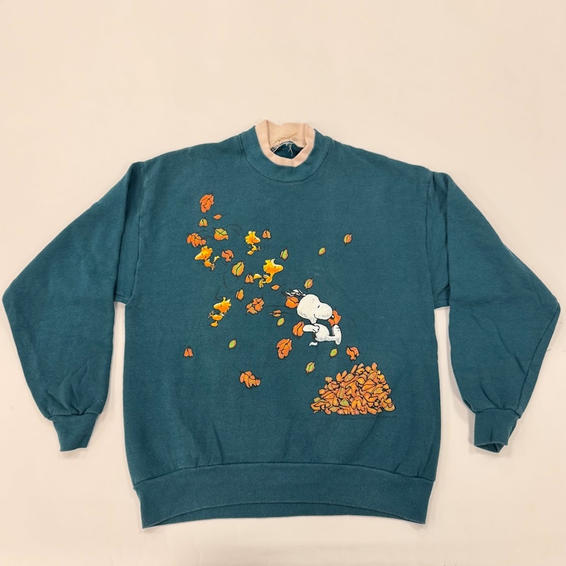 90s Peanuts Snoopy and Woodstock Leaves Crewneck Sweatshirt Teal