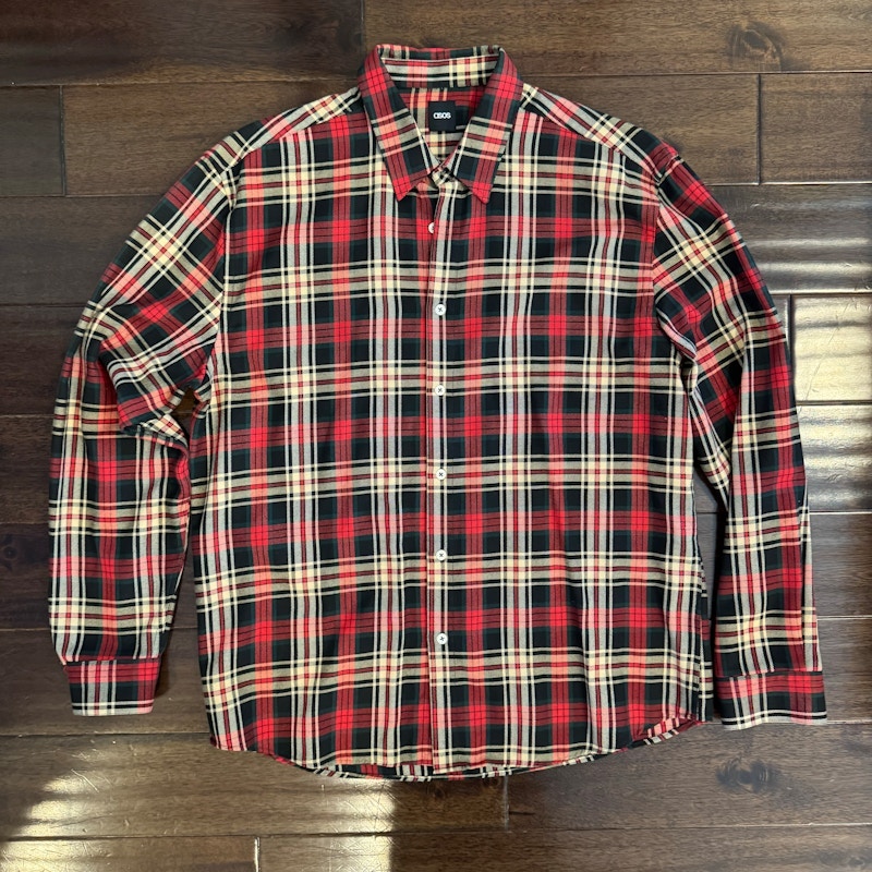 ASOS Long Sleeve Plaid Button Down Shirt Red/Black/Beige