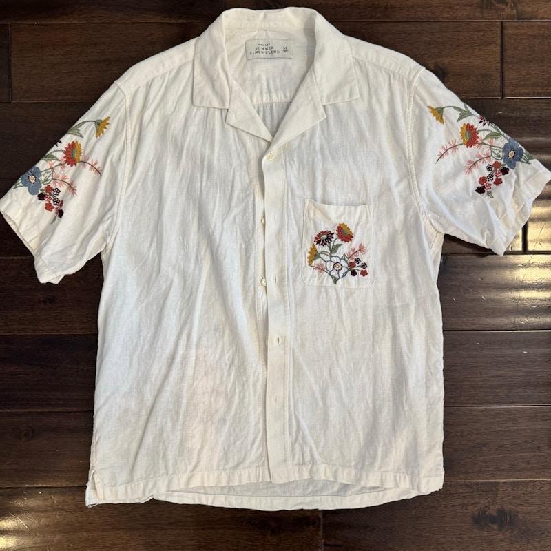 Abercrombie & Fitch Summer Linen-Blend Embroidered Camp Collar Shirt White