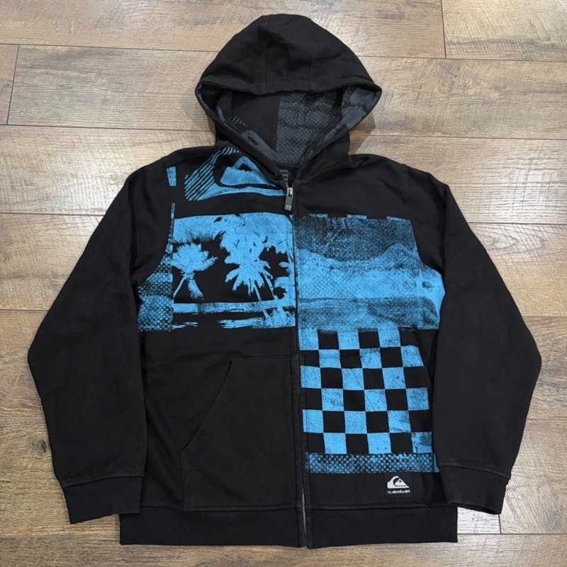 Vintage Y2k Quiksilver Full Zip Hoodie Jacket Surf Grunge Black Blue Small
