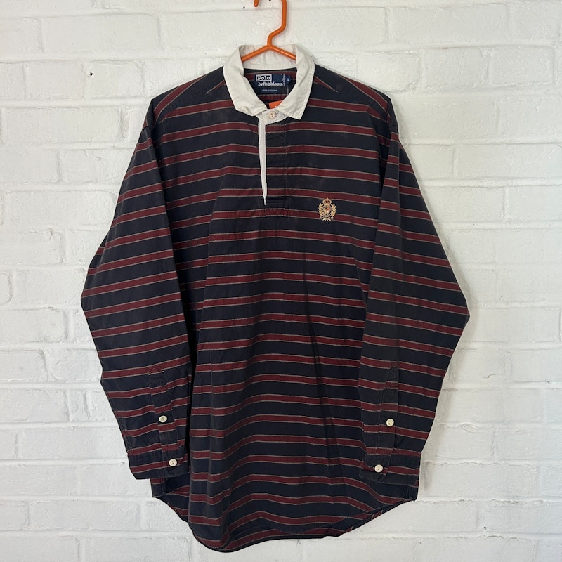 Vintage Polo by Ralph Lauren Crest Striped Long Sleeve Rugby Shirt Navy Red