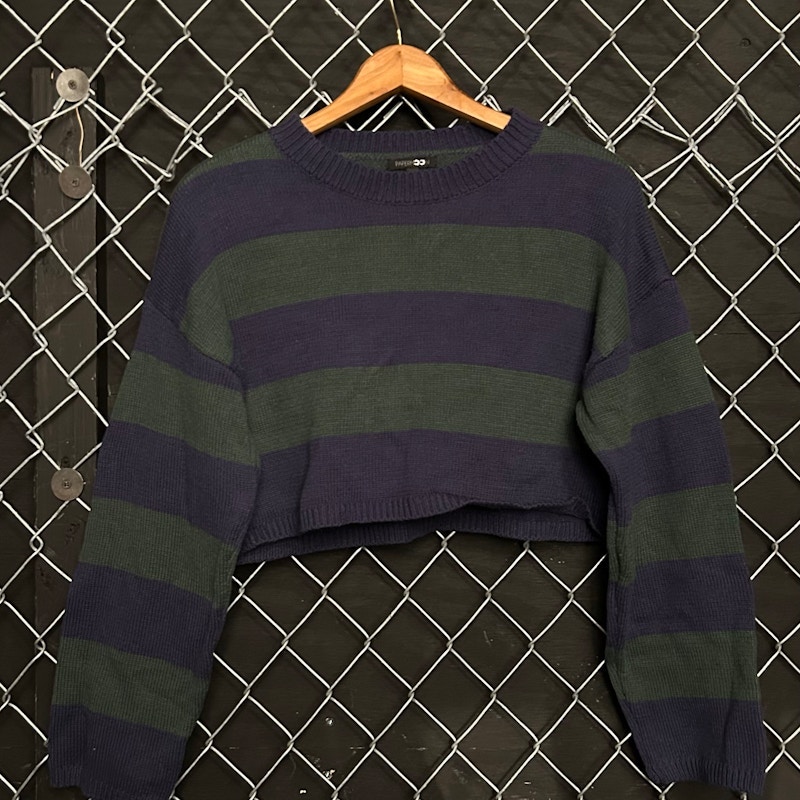 Y2K Striped Knit Cropped Sweater Navy/Green