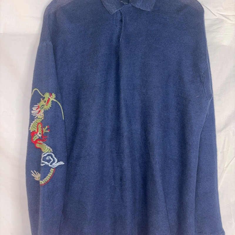 Polo by Ralph Lauren Dragon Embroidery Long Sleeve Waffle Knit Shirt Blue