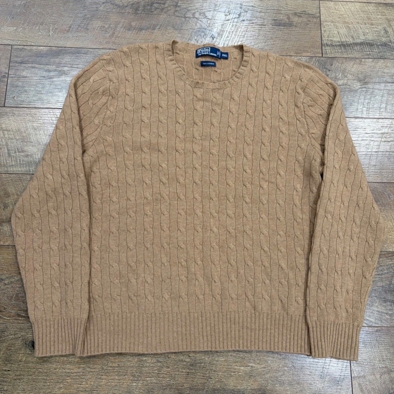 Vintage Polo Ralph Lauren 100% Cashmere Cable Knit Sweater XXL Tan Brown