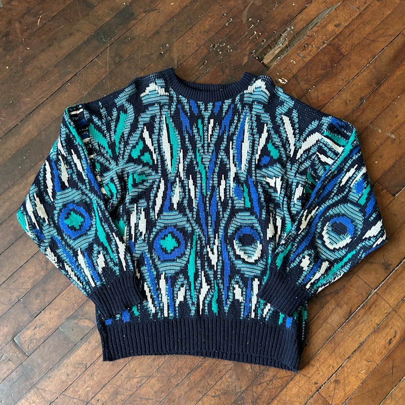 Vintage Abstract Pattern Knit Crewneck Sweater Navy Blue Teal White