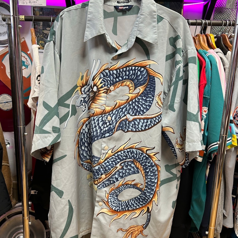 Dragon Graphic Button-Up Shirt Gray
