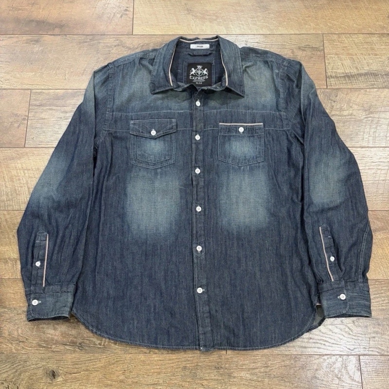 Vintage Express Selvedge Denim Button Up Long Sleeve Shirt Blue Grunge Y2K