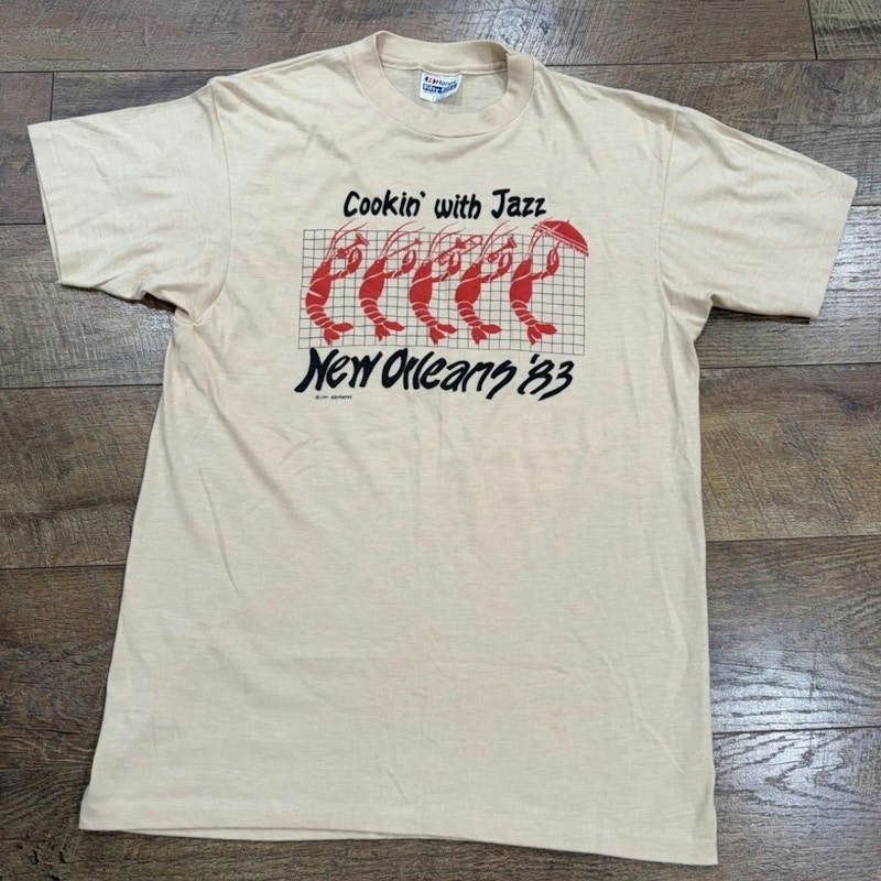 Hanes Vintage 1983 New Orleans Cookin’ With Jazz Crawfish Graphic Tee Beige 80s