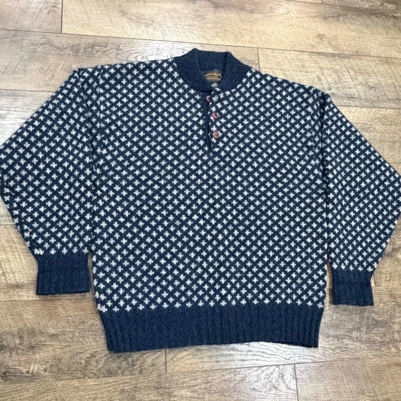 Vintage 80s Eddie Bauer Birdseye Wool Henley Sweater Blue