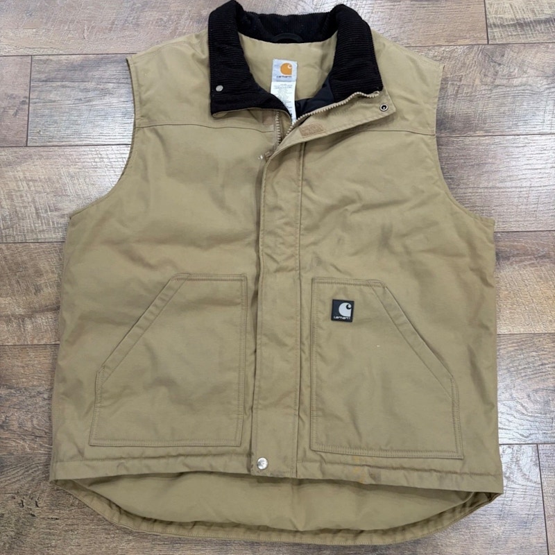 Carhartt V27 DKH Quilted Vest Khaki Ribbed Collar Full Zip Canvas Workwear
