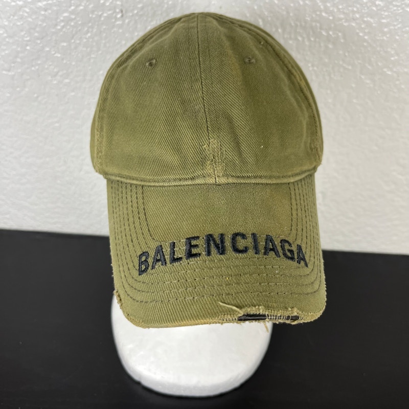 Balenciaga Logo Embroidered Distressed Baseball Cap Olive