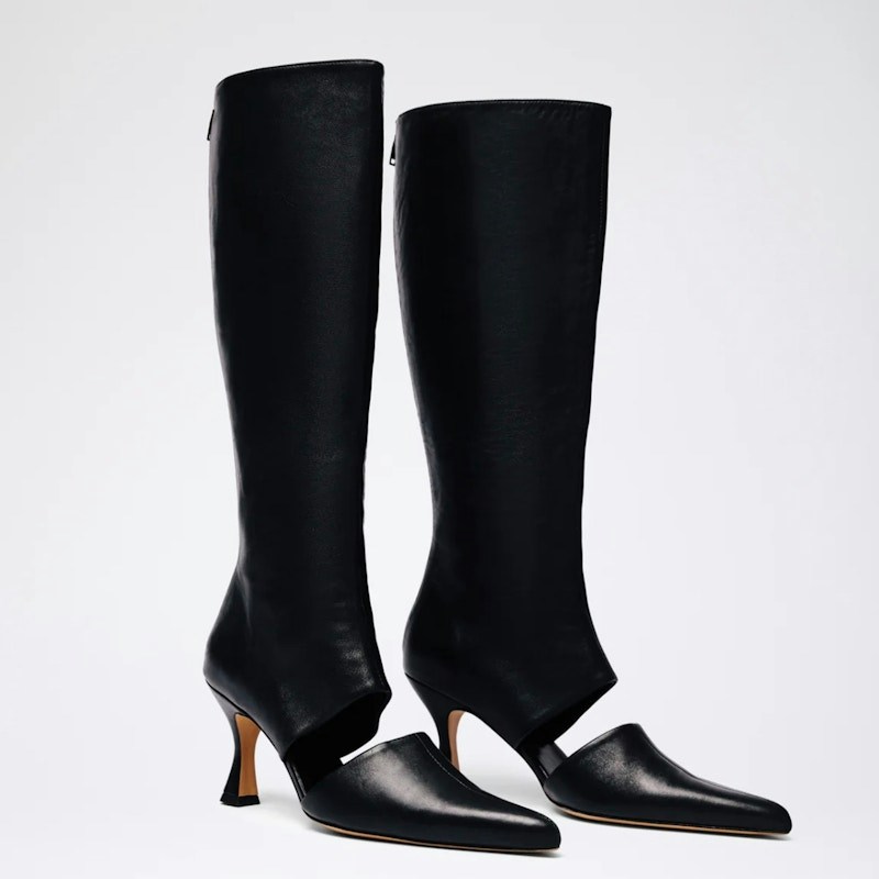 Kalda Black Leather Cutout Knee-High Kitten Heel Boots