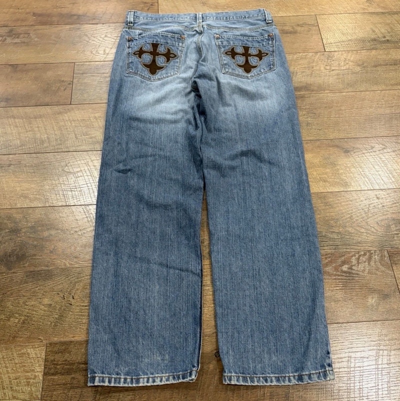 Vintage Y2K DKNY Embroidered Cross Jeans Relaxed Fit Blue Denim Grunge