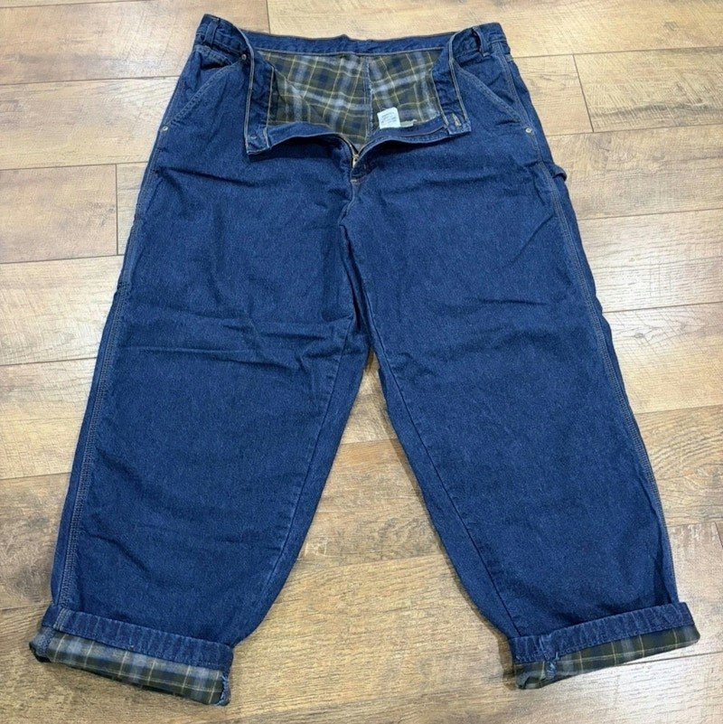 Vintage 90s L.L. Bean Plaid Lined Wide Leg Baggy Carpenter Jeans Navy Blue
