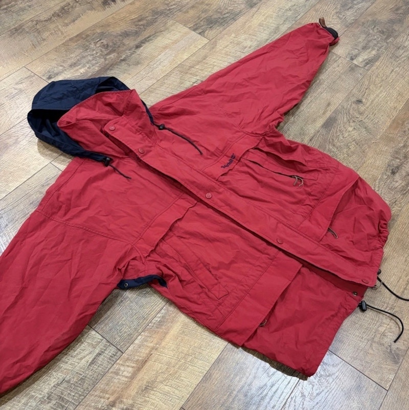 Vintage 90s Timberland Windbreaker Jacket Leather Trim Red Hooded