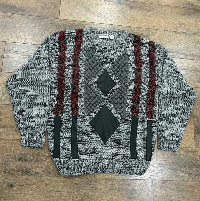 Vintage 90s Chunky Cable Knit Sweater Leather Trim Grey Career Club
