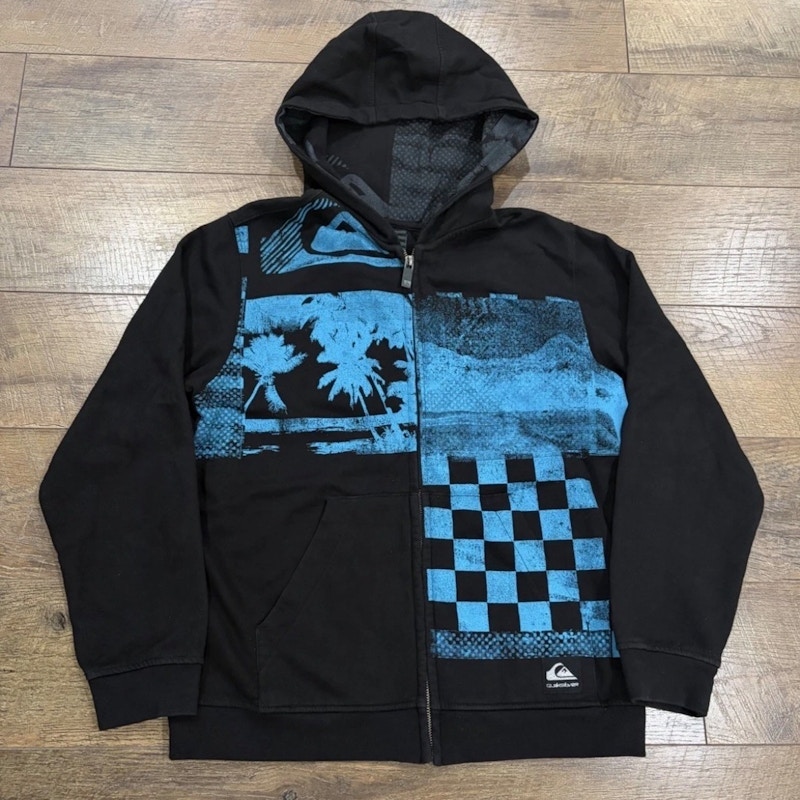 Vintage Y2K Quiksilver Full Zip Hoodie Jacket Surf Grunge Black Blue