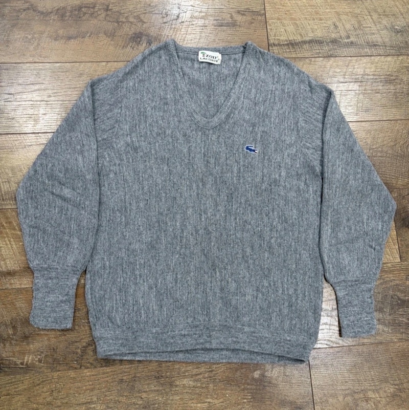 Vintage 70s Izod Lacoste V-Neck Embroidered Blue Crocodile Sweater Grey