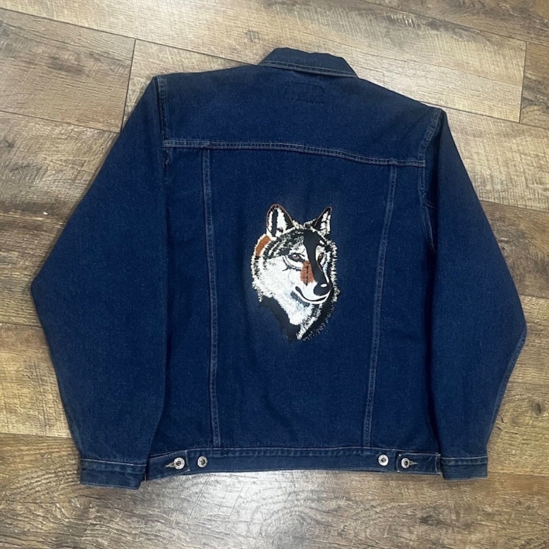 BBB Basic System Embroidered Wolf Denim Jean Jacket Navy Blue