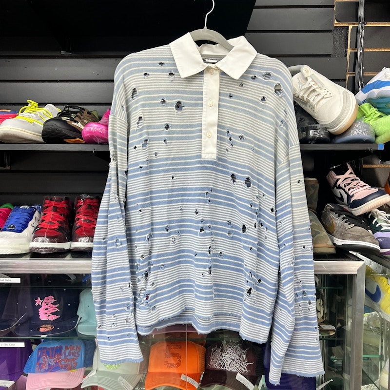 Acne Studios Distressed Striped Polo Shirt Blue