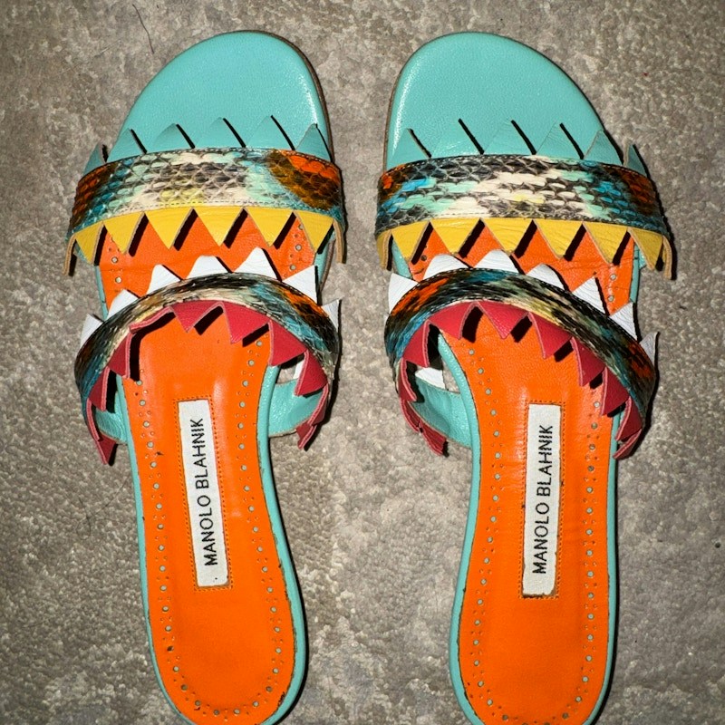 Manolo Blahnik Serrated Multi-Color Snakeskin Flat Sandals