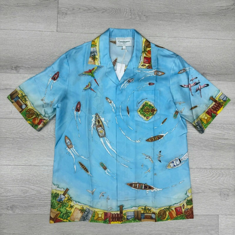 Casablanca Maison Sur Piloti Short Sleeve Silk Shirt Blue