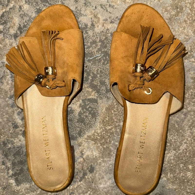 Stuart Weitzman Tassel Slide Sandals Brown Suede (Women's)