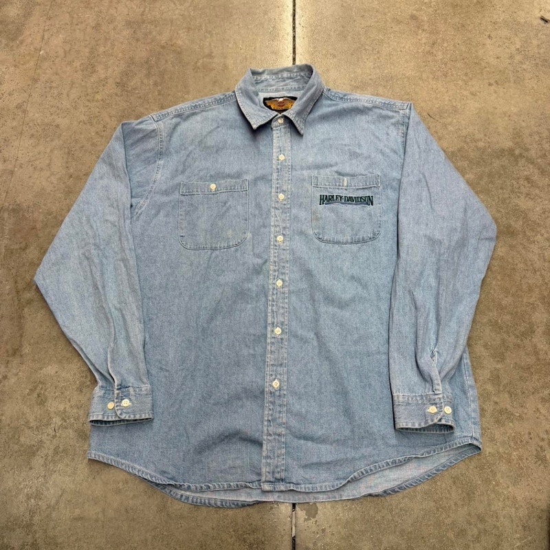 Vintage Harley-Davidson Long Sleeve Denim Shirt Blue