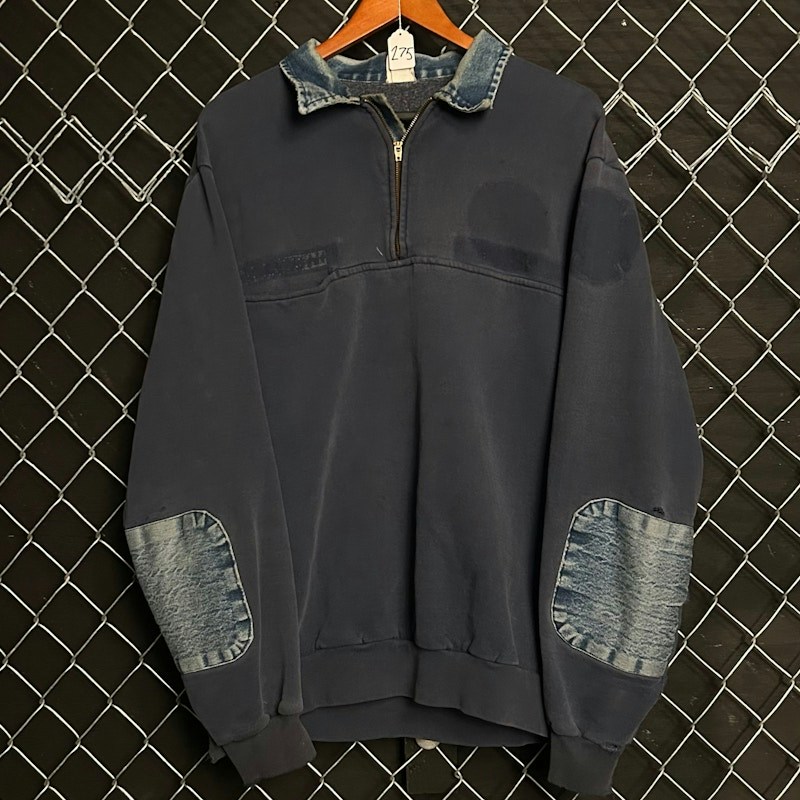 United Workers 80’s Quarter Zip Sweatshirt Navy Blue Denim Collar and Elbow Patches