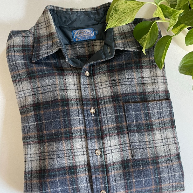 70s Pendleton Plaid Long Sleeve Button-Up Shirt Gray