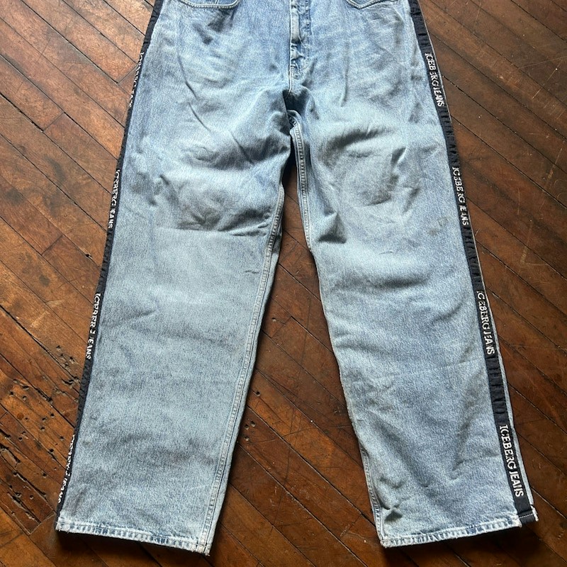 Vintage Y2K Iceberg Baggy Jeans Logo Tape Denim Pants Blue
