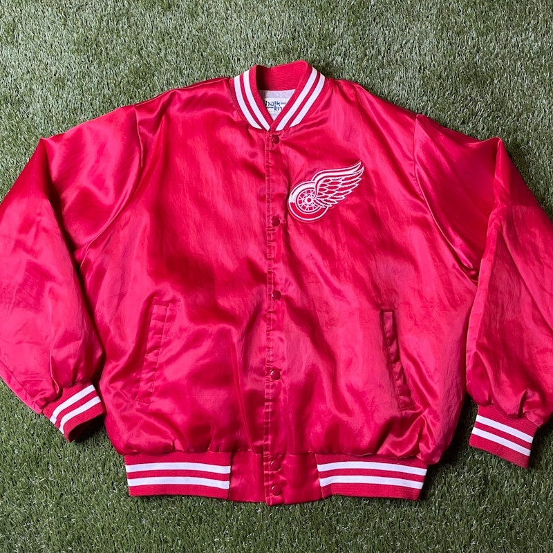 Vintage 90’s Detroit Red Wings Chalk Line Satin Varsity Jacket Red