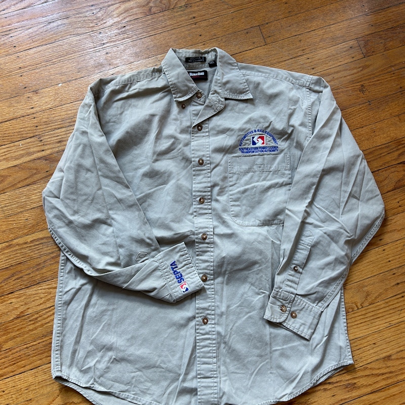 Vintage UltraClub Long Sleeve Button-Down Shirt Tan SEPTA Embroidered