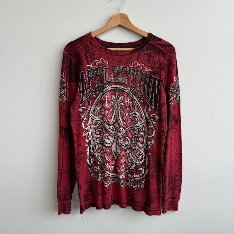 Y2K Affliction American Customs Long Sleeve Thermal Shirt Red