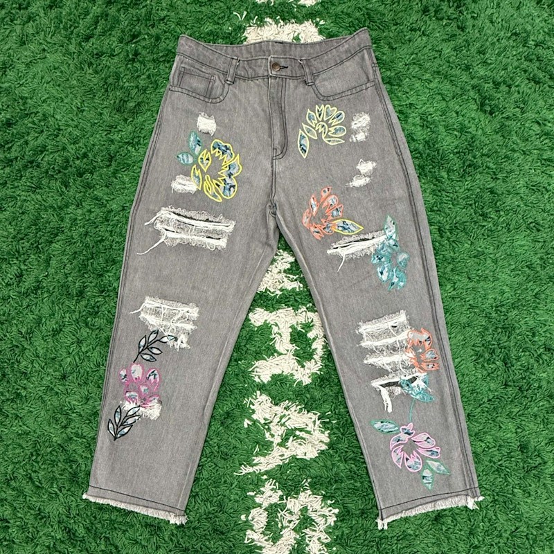 Unfashional Distressed Floral Embroidered Grey Denim Jeans