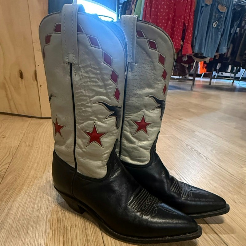 Tony Lama Vintage Cowboy Boots Steer Head and Star Inlay Black White (Women's)