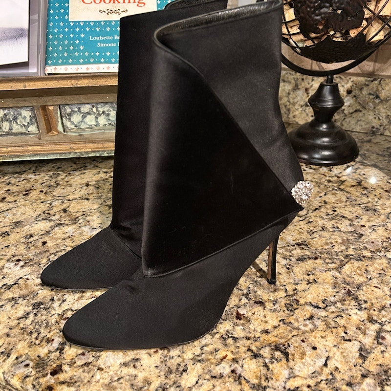 Manolo Blahnik Plinianu Crystal-Embellished Satin Ankle Boots Graphite