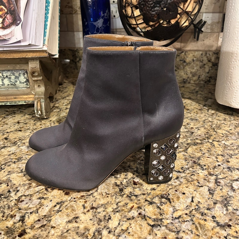 Aquazzura Firenze Crystal-Embellished Block Heel Ankle Boots Graphite Satin