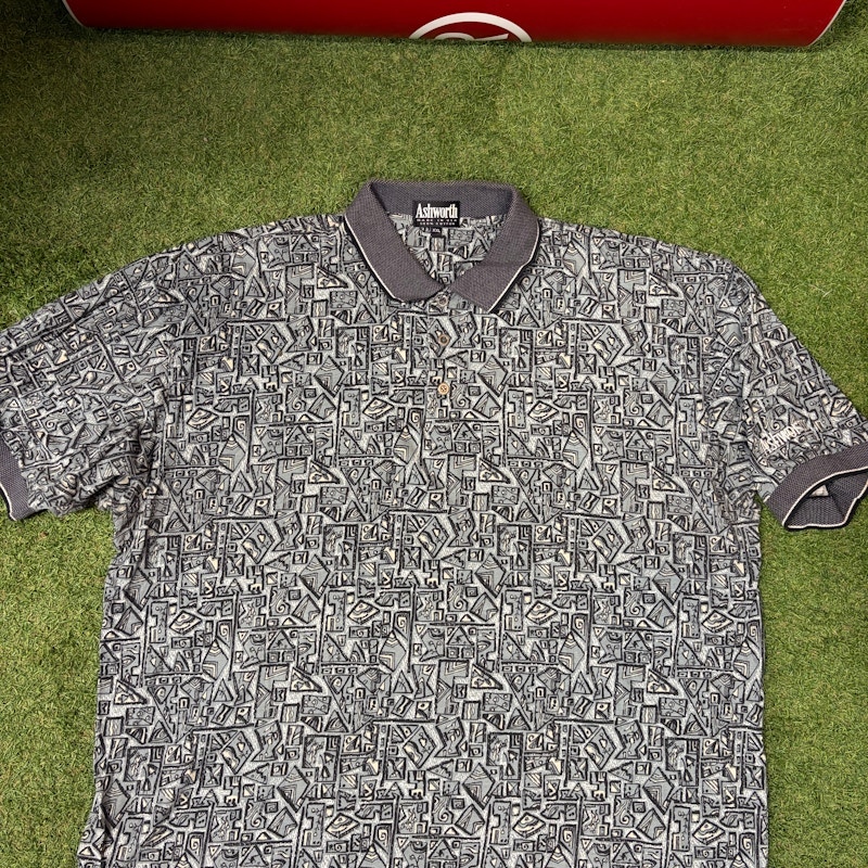 Ashworth Geometric Pattern Polo Shirt Grey 90s